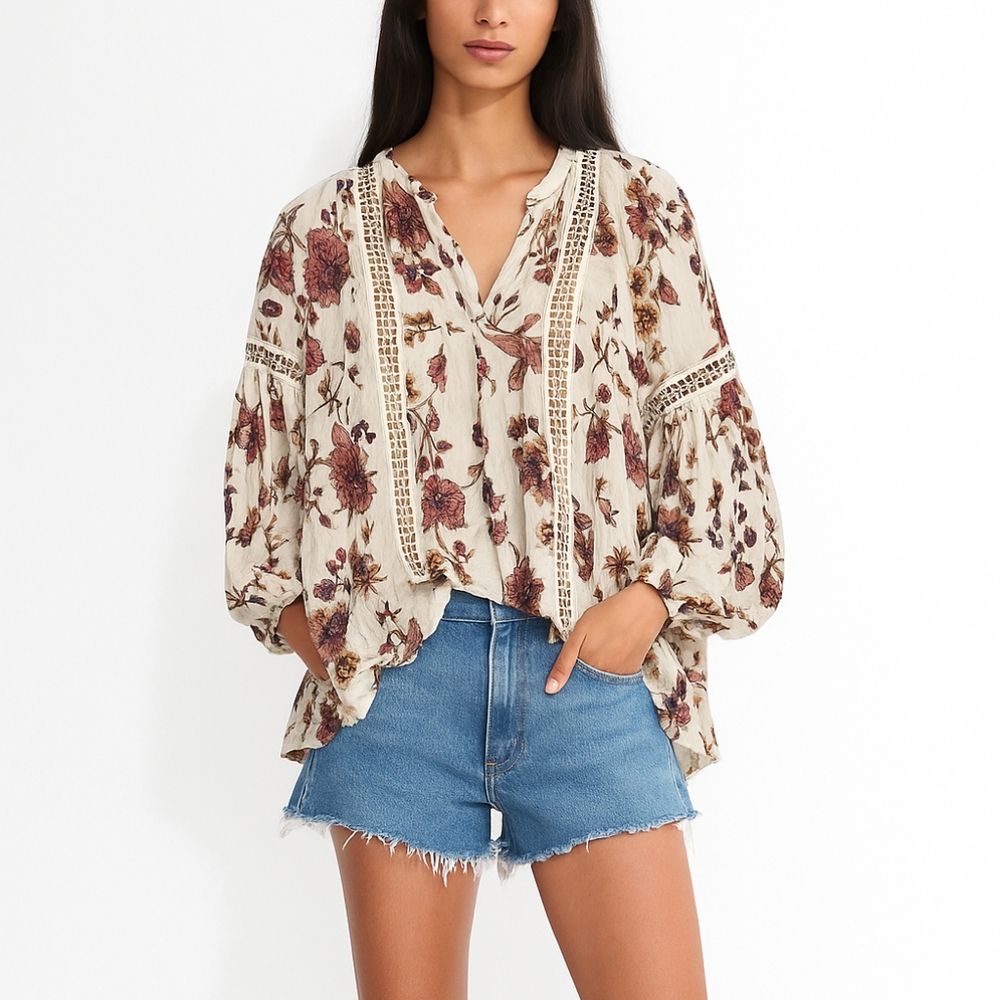 Free People Just The Two Of Us Boho Tunic Floral Blouse